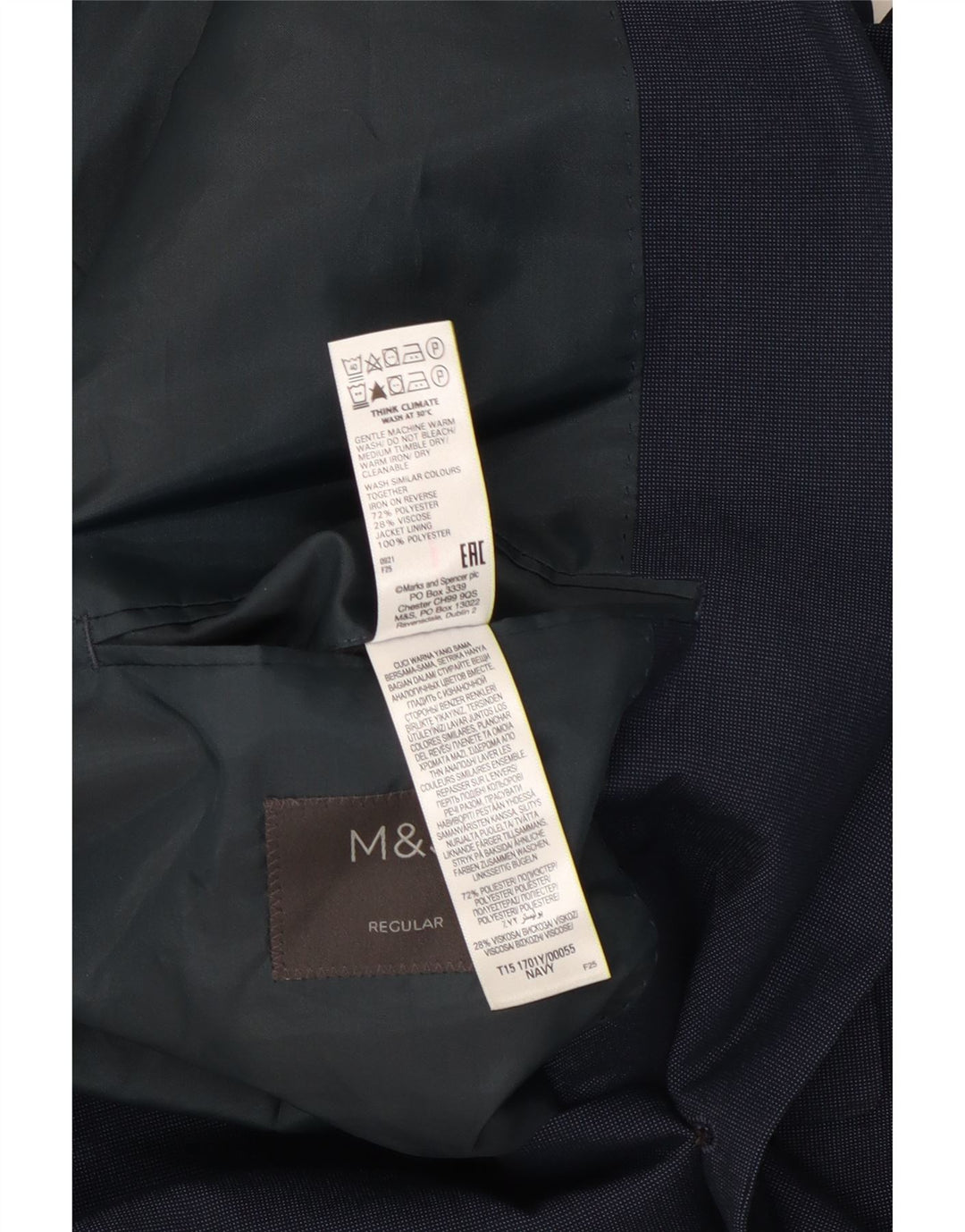 Jaqueta blazer masculina de 2 botões Marks & Spencer Reino Unido 46 XL azul marinho poliéster