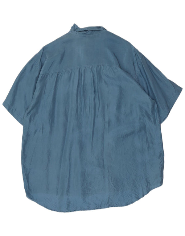 Camisa masculina vintage de manga curta grande seda azul