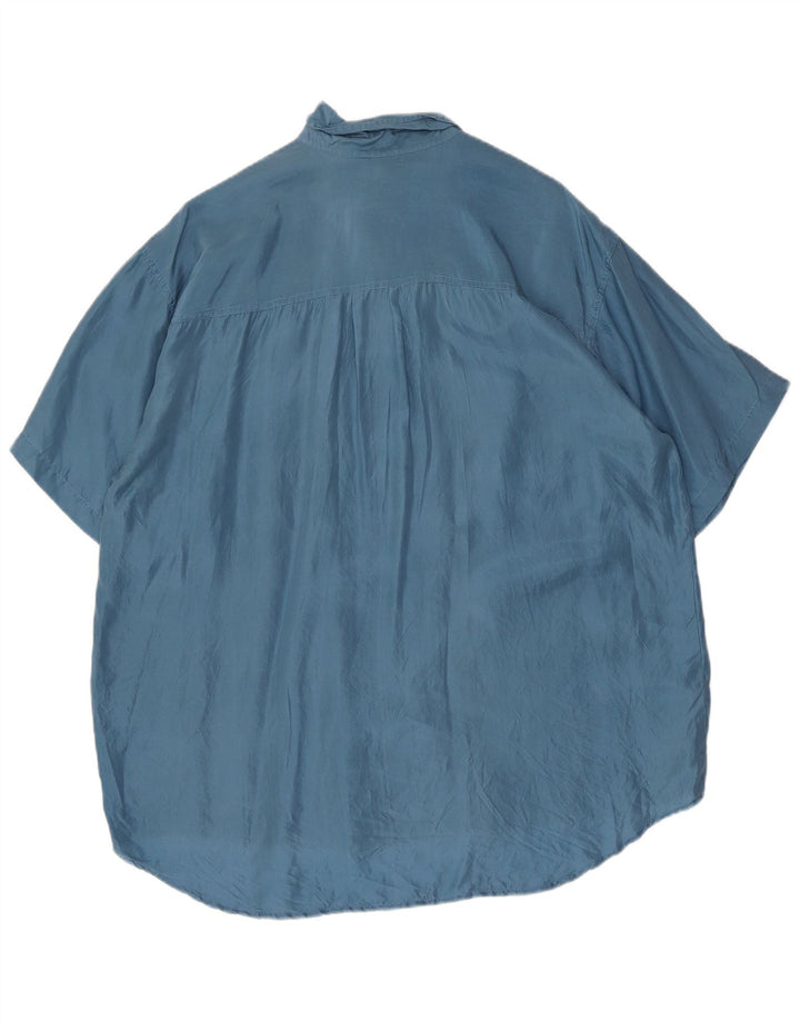 Camisa masculina vintage de manga curta grande seda azul