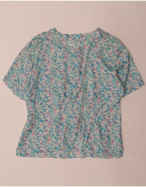 Blusa feminina vintage de manga curta Reino Unido 16 grande seda floral branca