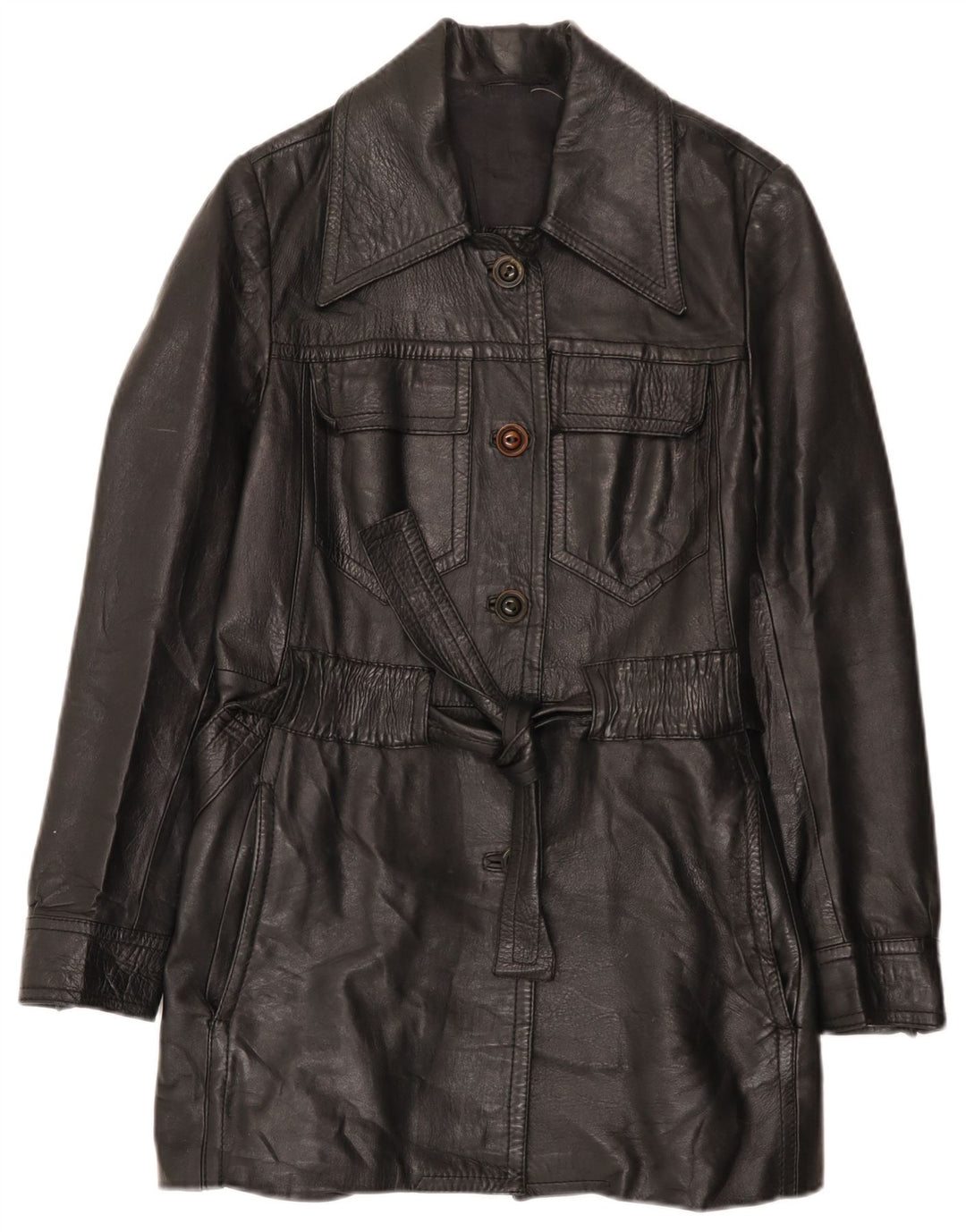 Casaco de couro feminino vintage UK 10 pequeno preto