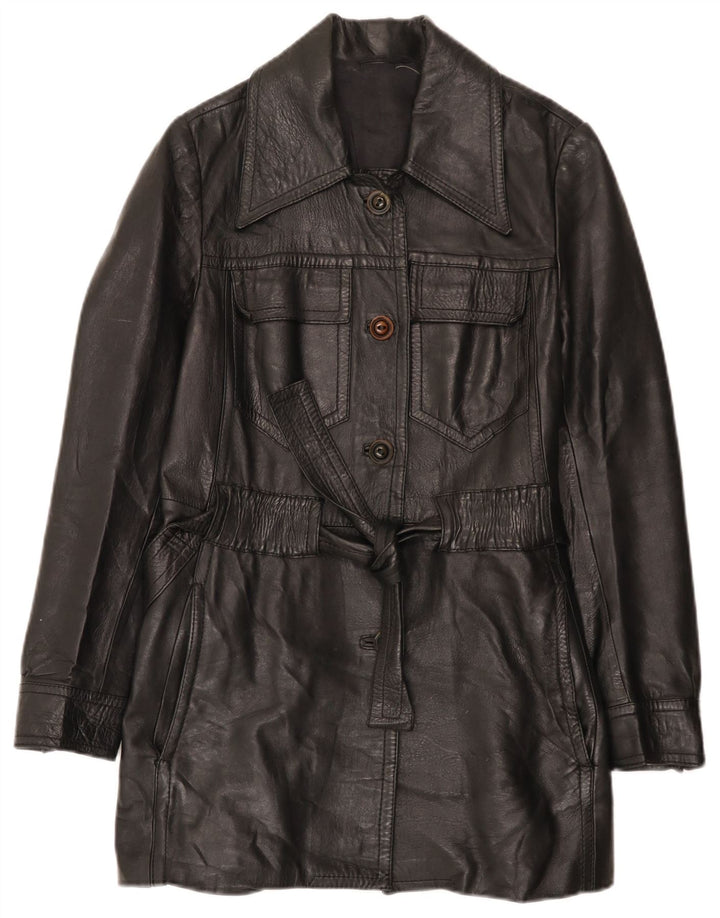 Casaco de couro feminino vintage UK 10 pequeno preto