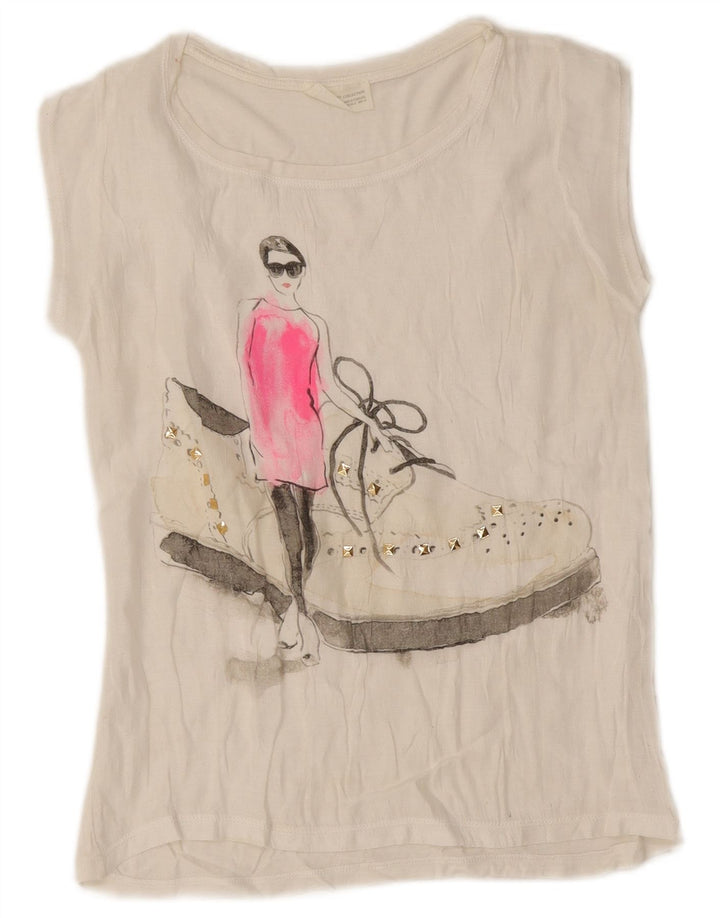 Camiseta feminina gráfica Zara Top UK 10 pequena branca