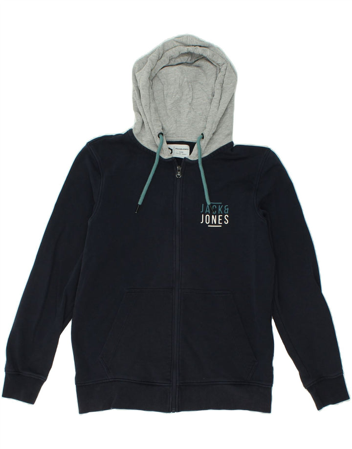 JACK & JONES Mens Zip Hoodie Sweater Medium Navy Blue Colourblock Cotton Vintage Jack & Jones and Second-Hand Jack & Jones from Messina Hembry 