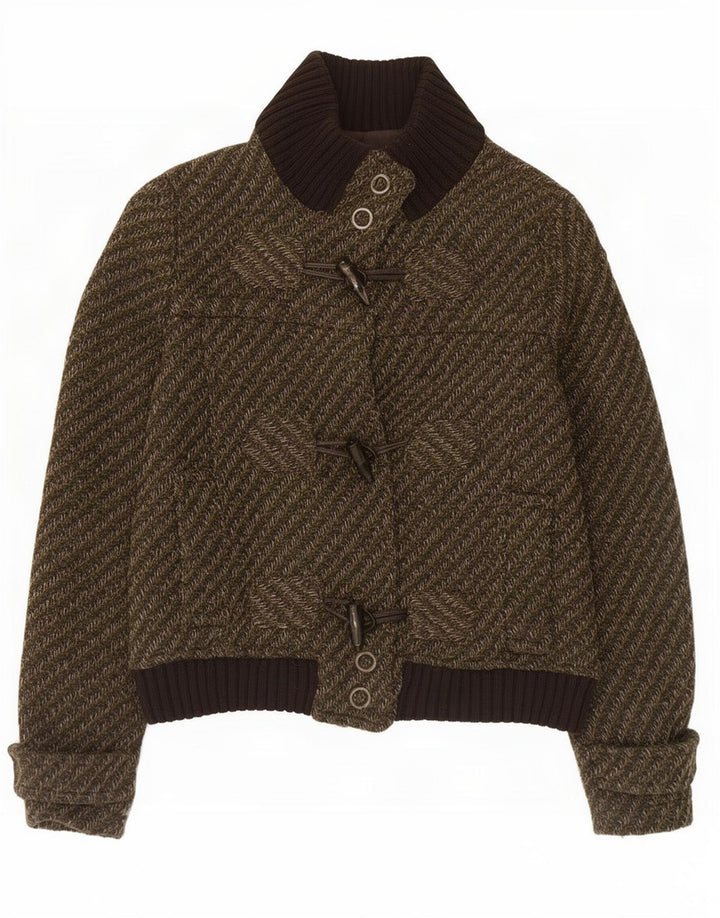 Jaqueta bomber Duffle feminina Zara Reino Unido 14 grande lã listrada cáqui