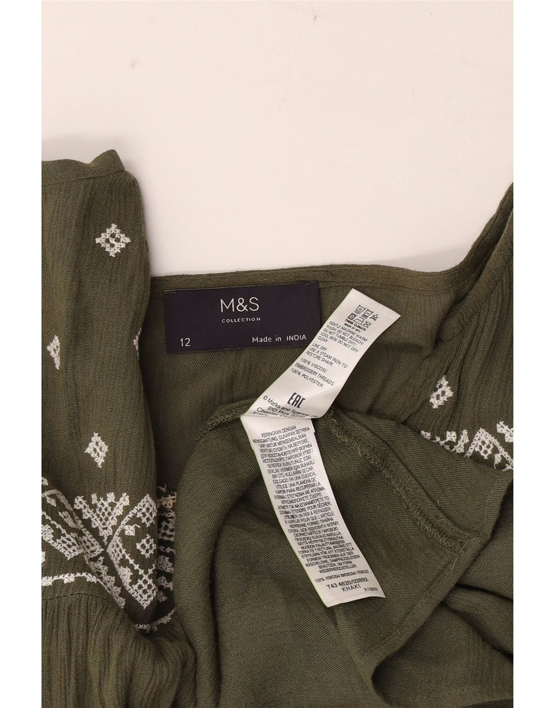 Blusa feminina de manga comprida Marks & Spencer Reino Unido 12 médio cáqui geométrico