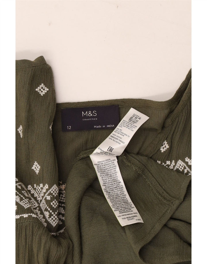 Blusa feminina de manga comprida Marks & Spencer Reino Unido 12 médio cáqui geométrico