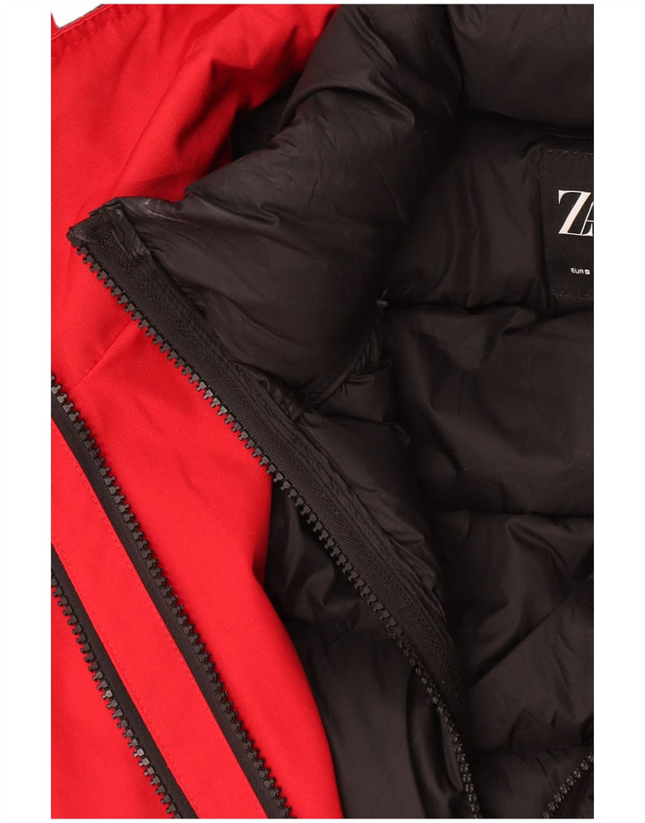 Jaqueta acolchoada com capuz grande Zara para mulher UK 10 poliéster vermelho pequeno