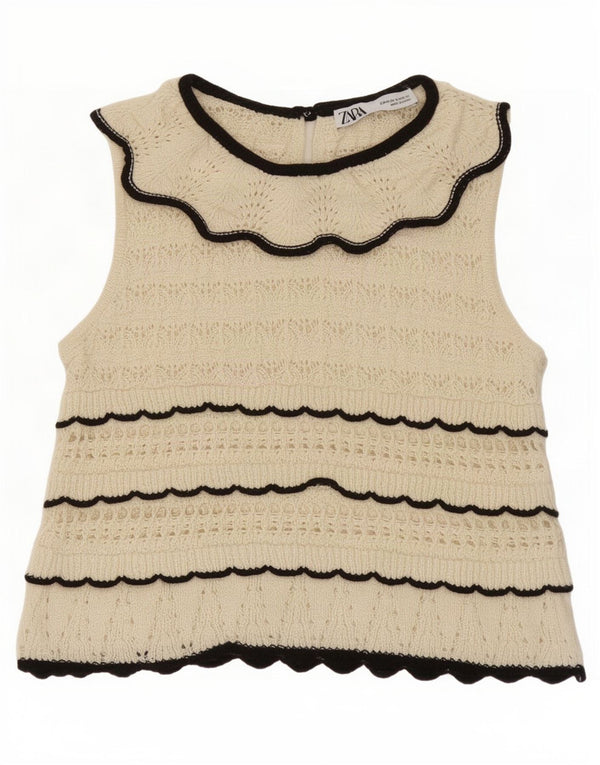 Blusa feminina de malha sem mangas Zara Top UK 12 médio off white listrado
