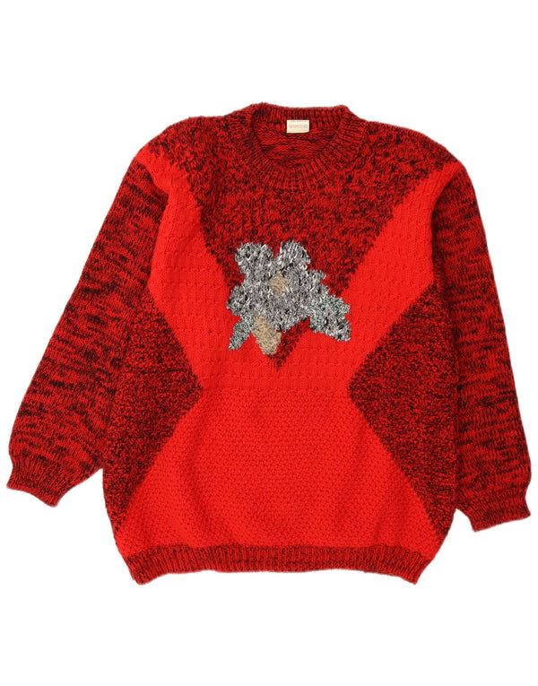 Suéter feminino vintage com gola redonda e gola redonda Reino Unido 14 médio vermelho manchado