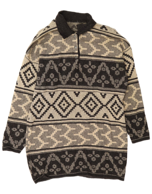 Vestido feminino vintage de manga comprida UK 18 XL cinza geométrico de lã
