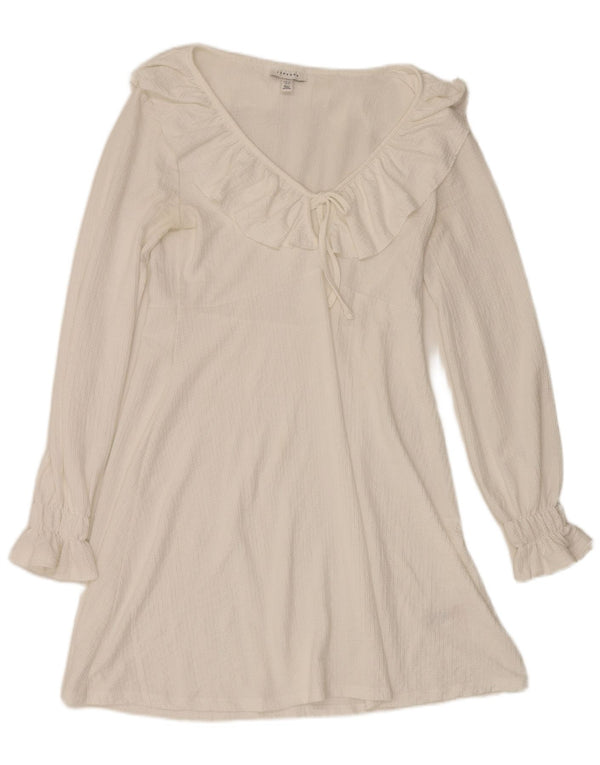 Vestido feminino Topshop manga comprida evasê Reino Unido 12 poliéster branco médio