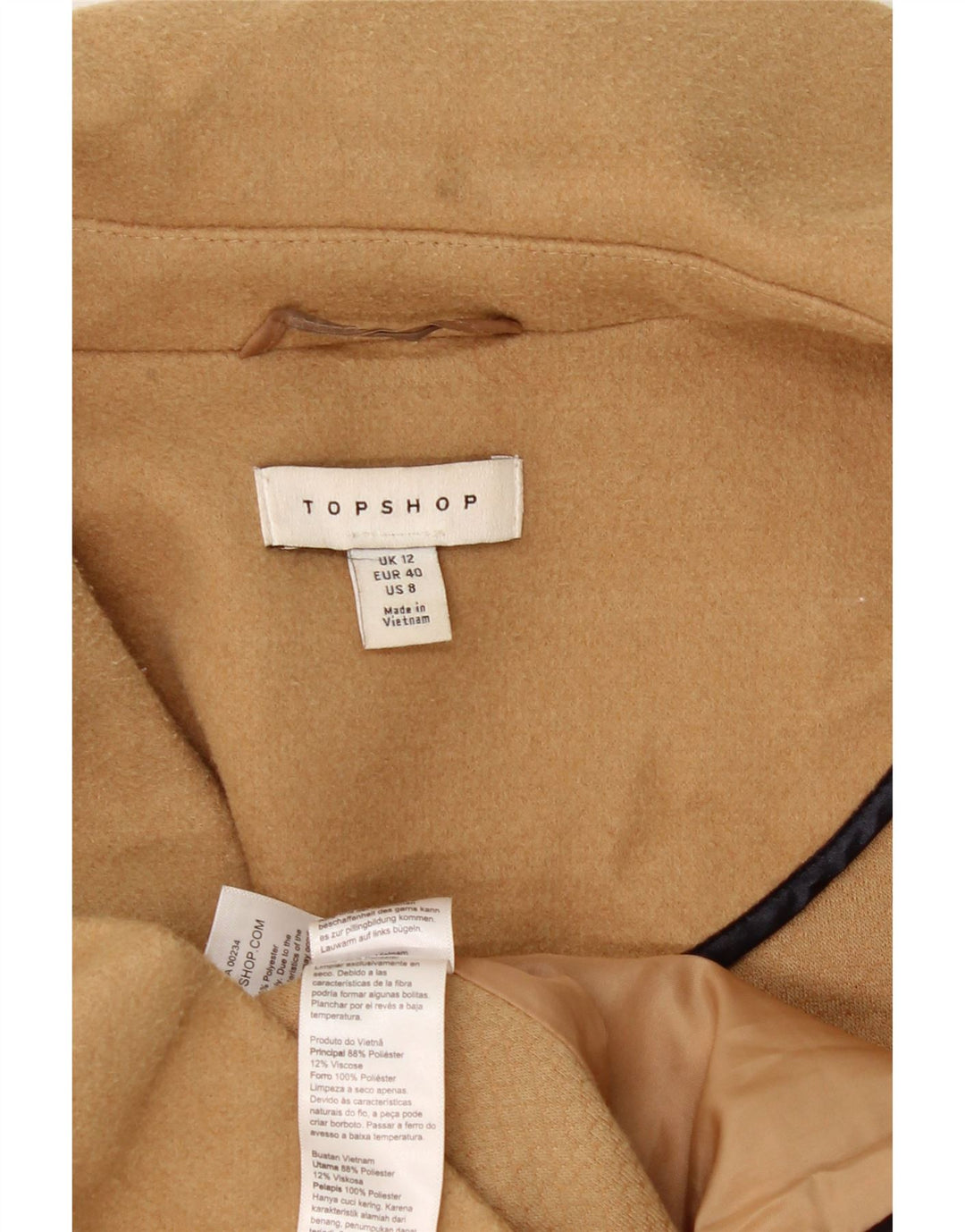 Casaco feminino Topshop com peito duplo UK 12 poliéster bege médio