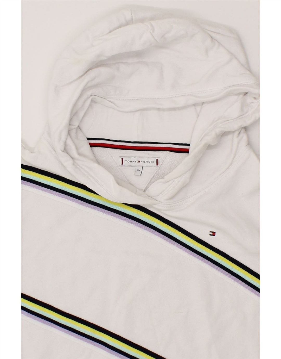 TOMMY HILFIGER Girls Hoodie Jumper 13-14 Years White Striped Cotton Vintage Tommy Hilfiger and Second-Hand Tommy Hilfiger from Messina Hembry 