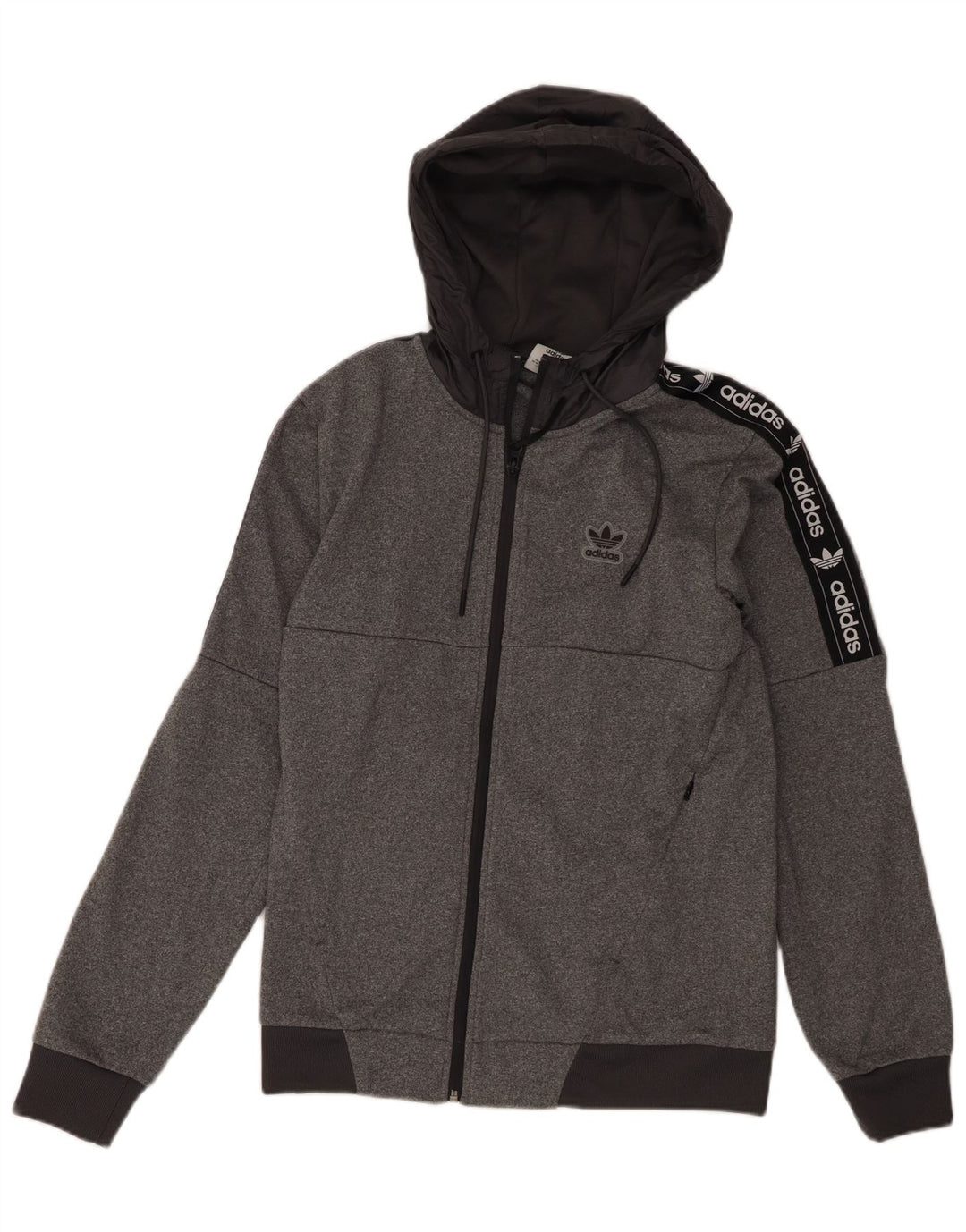 Suéter masculino Adidas com capuz e zíper gráfico pequeno cinza colorido bloco de poliéster