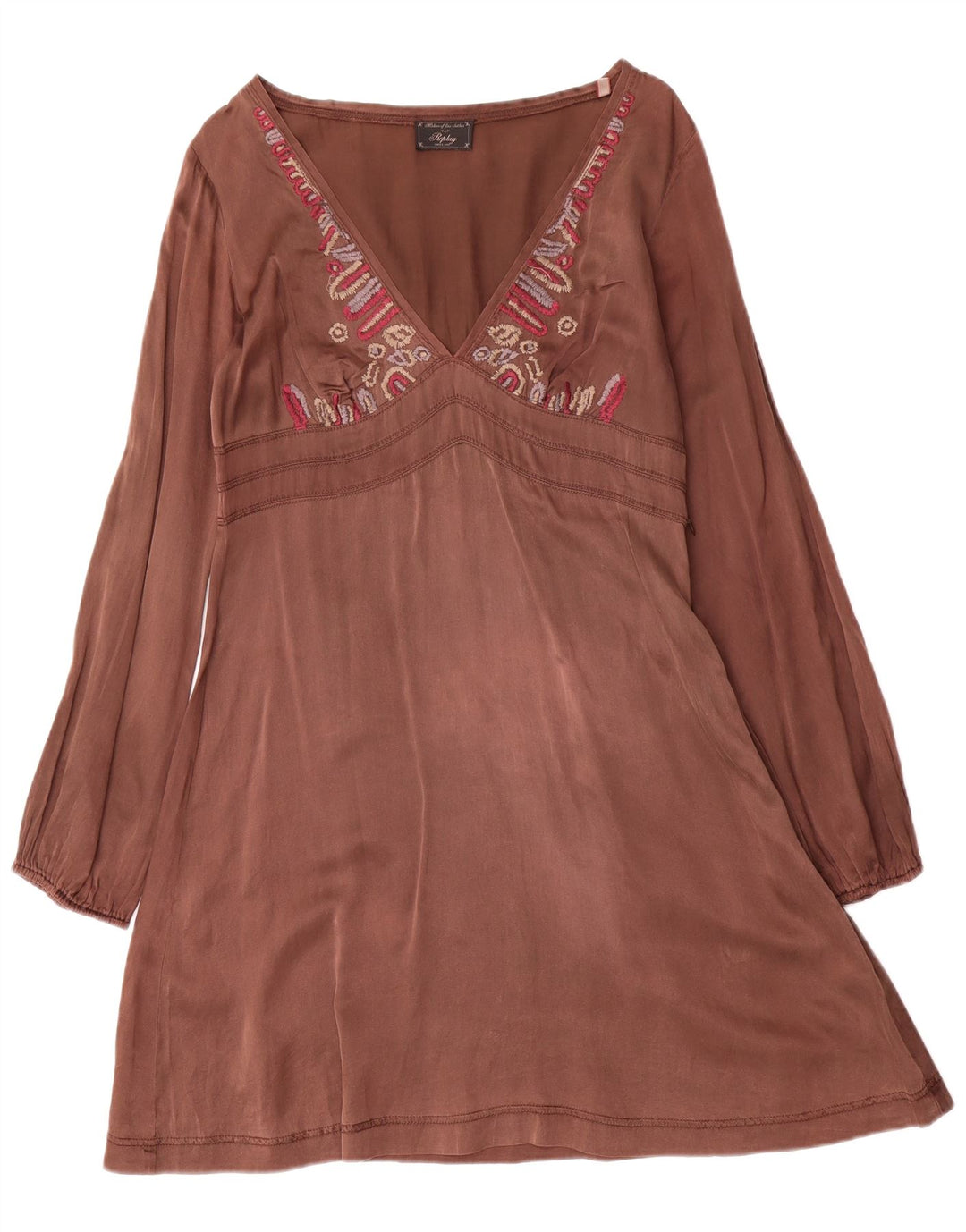 Vestido feminino Replay com estampa de manga comprida evasê Reino Unido 12 seda marrom médio