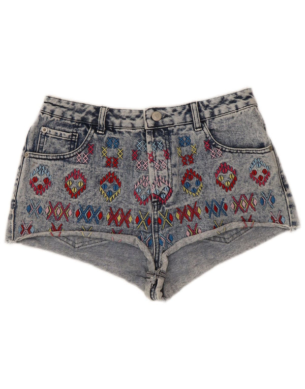 Calça jeans feminina Topshop cintura alta Reino Unido 12 médio W30 azul geométrico