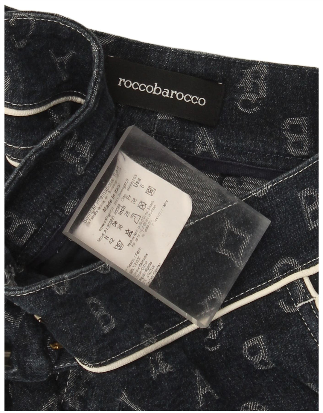 Calça capri feminina Roccobarocco IT 42 médio W28 L17 azul marinho geométrico