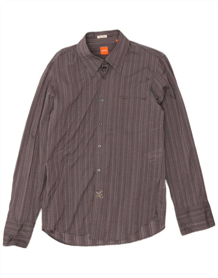 Camisa masculina Hugo Boss grande algodão listrado cinza