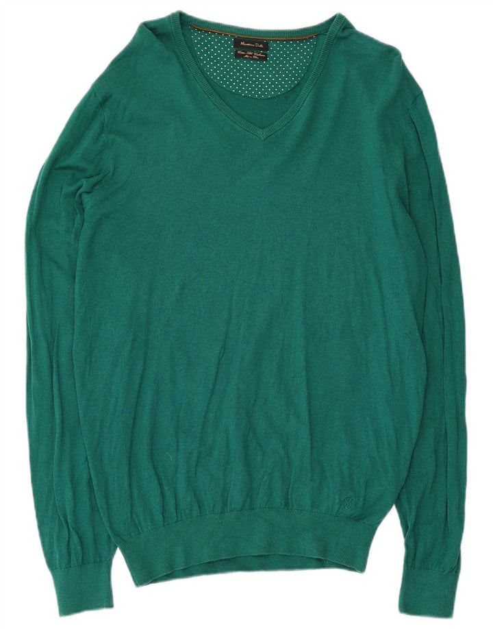 Suéter masculino Massimo Dutti com decote em V, grande algodão verde