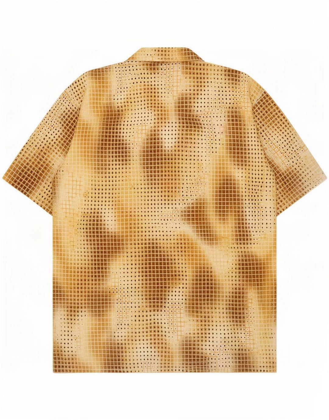 Camisa vintage masculina abstrata padrão poliéster manchado marrom médio