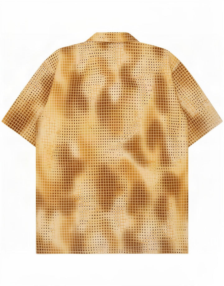 Camisa vintage masculina abstrata padrão poliéster manchado marrom médio