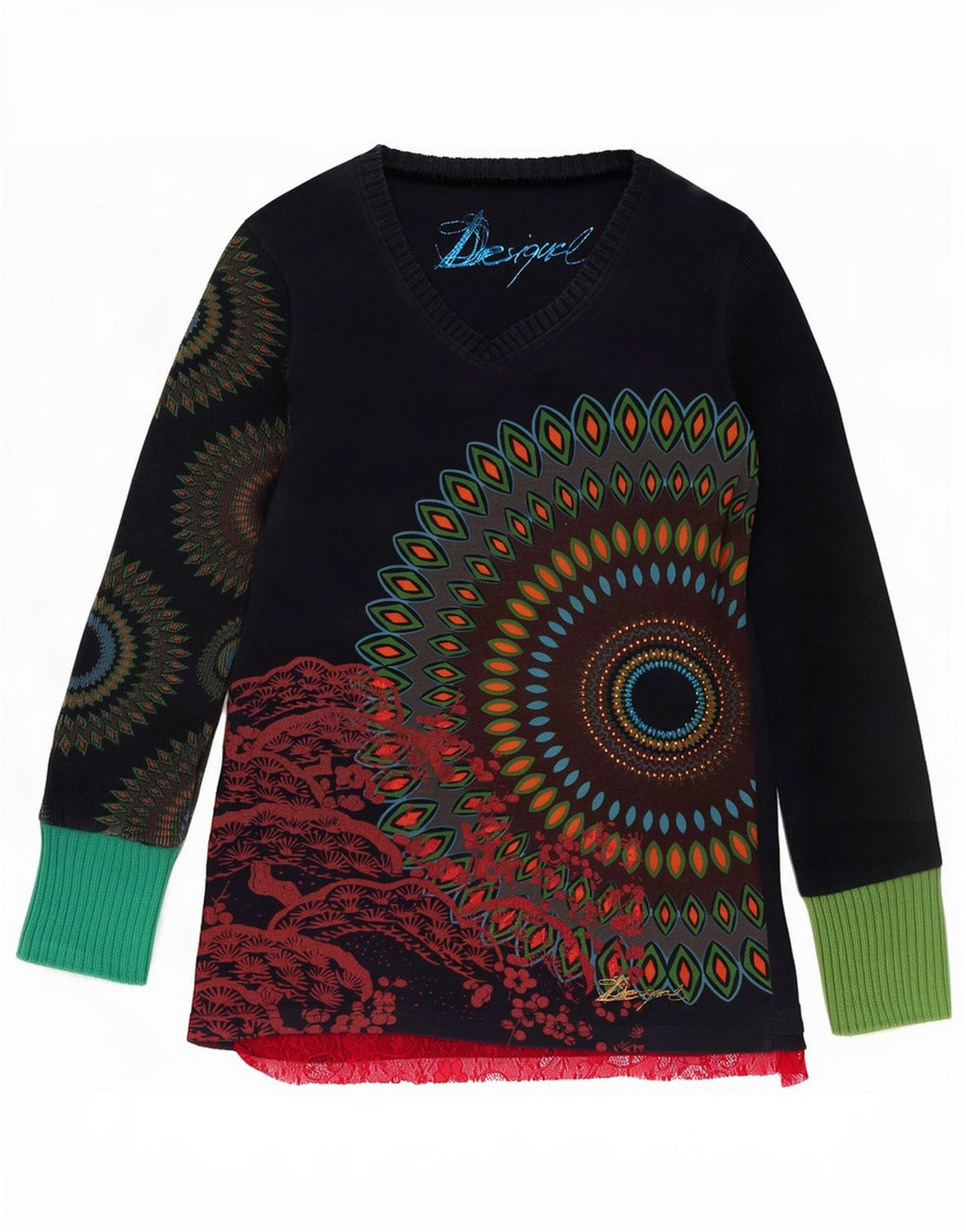 Blusa feminina Desigual com padrão abstrato Reino Unido 14 grande algodão azul marinho