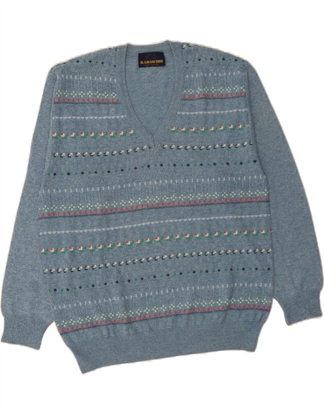 IL GRANCHIO Mens V-Neck Jumper Sweater Large Blue Fair Isle Cotton Vintage Il Granchio and Second-Hand Il Granchio from Messina Hembry 