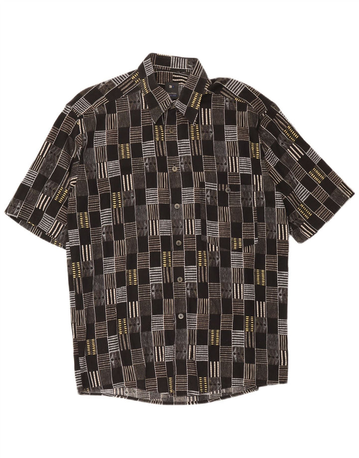 Casa Moda Camisa masculina de manga curta tamanho 40 algodão geométrico preto médio