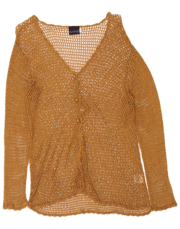 Suéter cardigã de crochê feminino vintage Reino Unido 14 grande rayon bege
