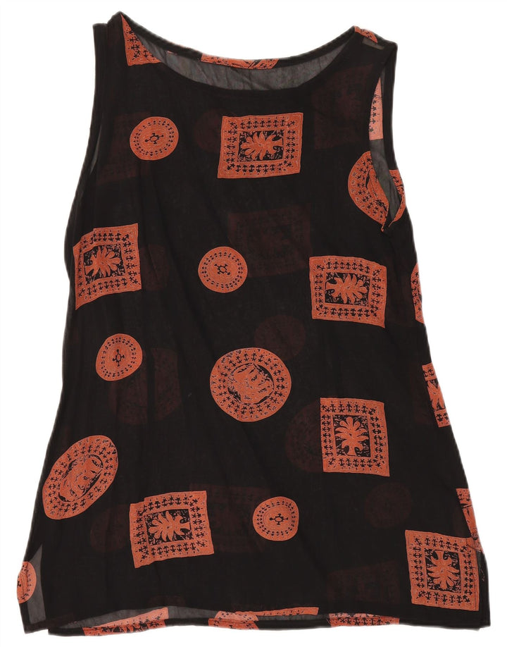 Túnica feminina vintage sem mangas UK 12 patchwork preto médio