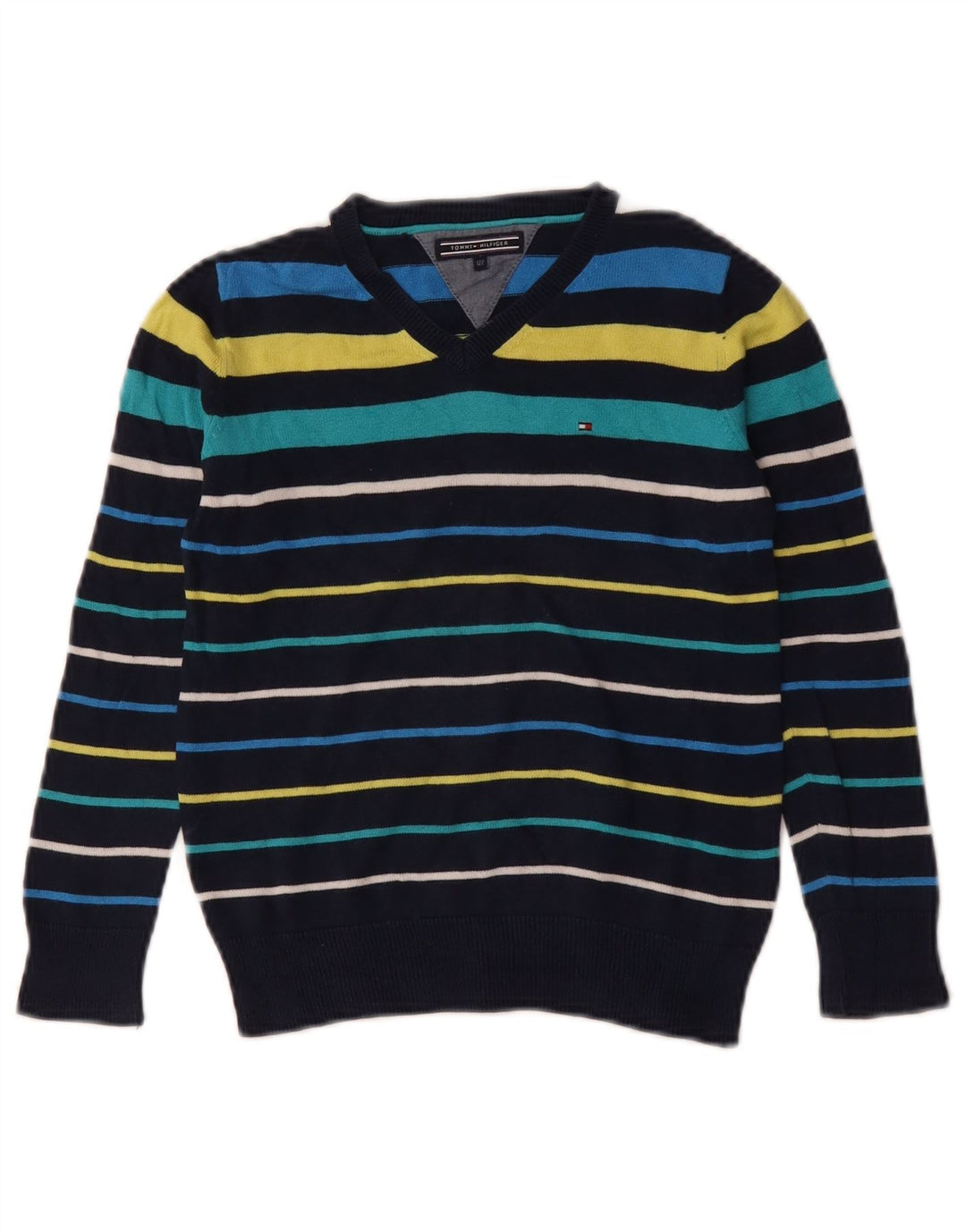 TOMMY HILFIGER Suéter masculino com decote em V 6-7 anos listrado multicolorido