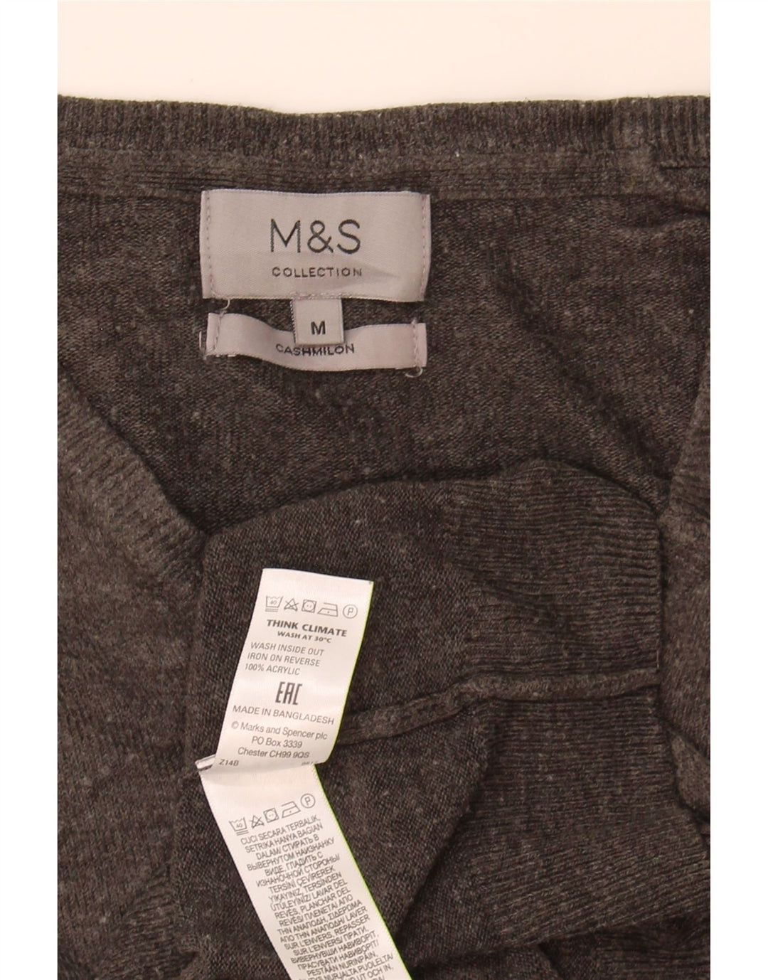 Suéter masculino Marks & Spencer com decote em V cinza médio acrílico