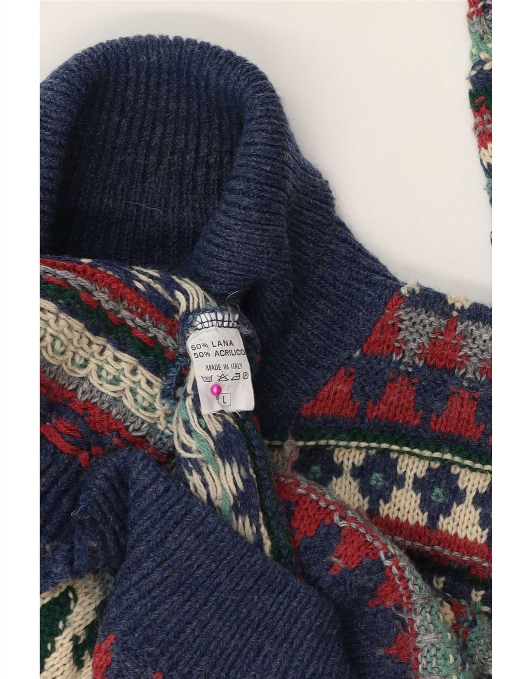 Suéter vintage masculino com gola redonda, grande lã multicolorida Fair Isle