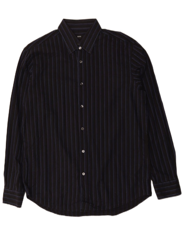 Camisa masculina Hugo Boss tamanho 41 16 grande algodão listrado preto