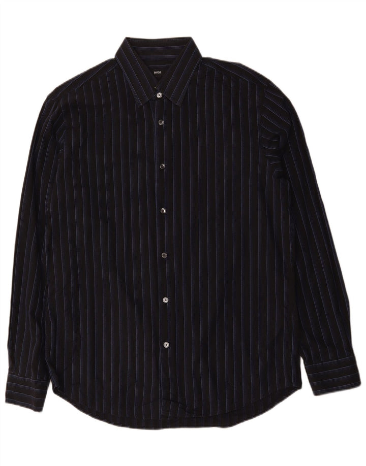 Camisa masculina Hugo Boss tamanho 41 16 grande algodão listrado preto