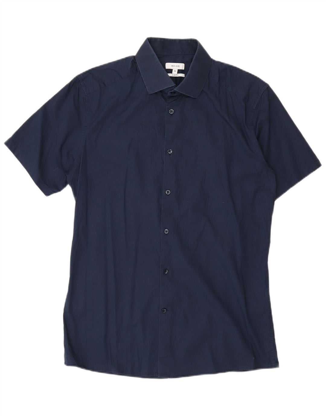 Camisa masculina Reiss Slim Fit de manga curta de algodão azul marinho médio