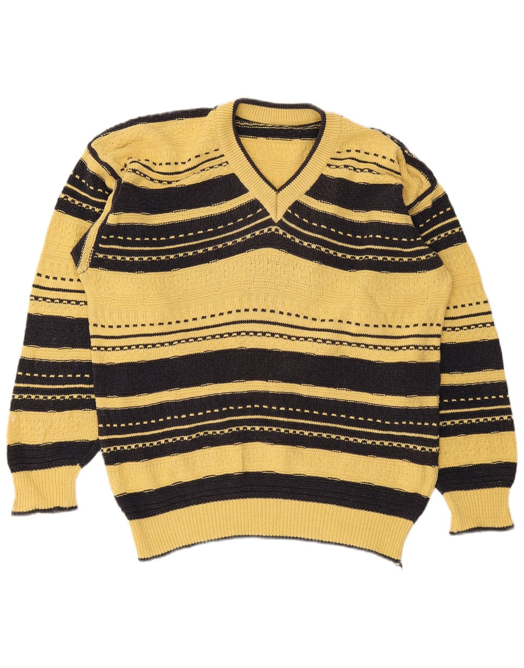 Suéter masculino vintage com decote em V grande listrado amarelo