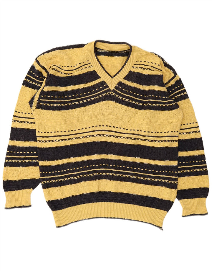 Suéter masculino vintage com decote em V grande listrado amarelo