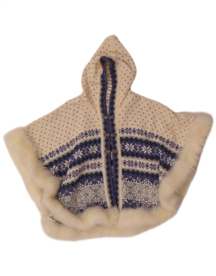 Poncho feminino vintage UK 14 médio branco lã Fair Isle