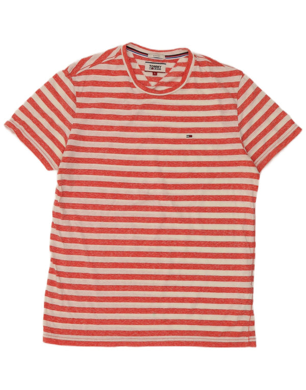 Camiseta masculina Tommy Jeans Slim Fit grande poliéster listrado vermelho
