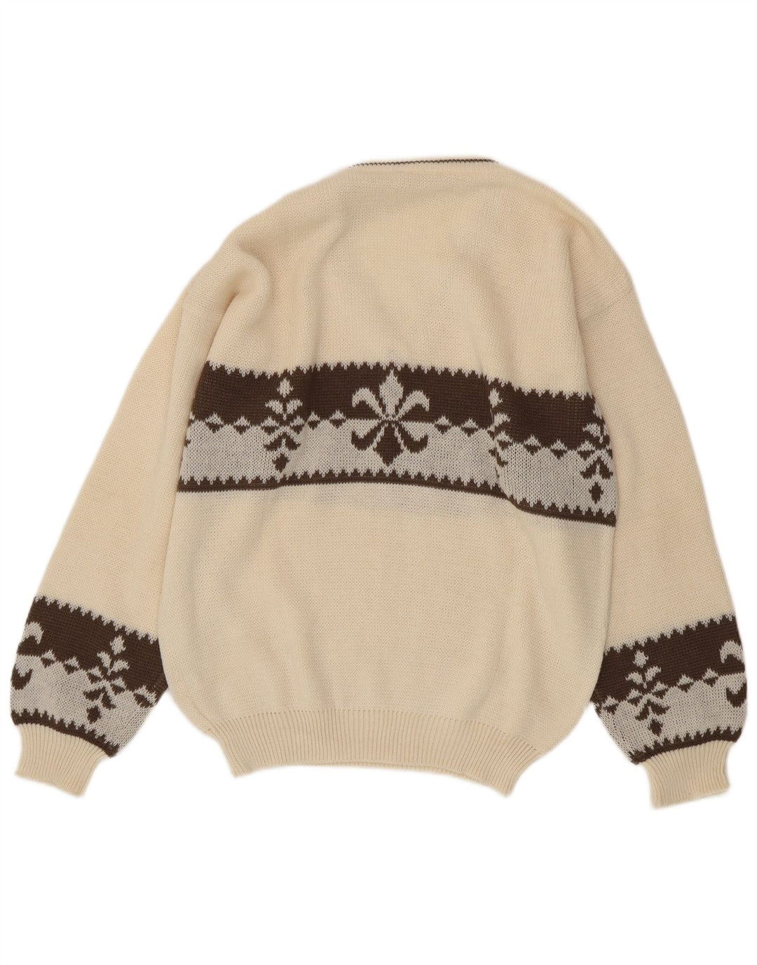 Suéter masculino vintage com decote em V grande lã branca Fair Isle