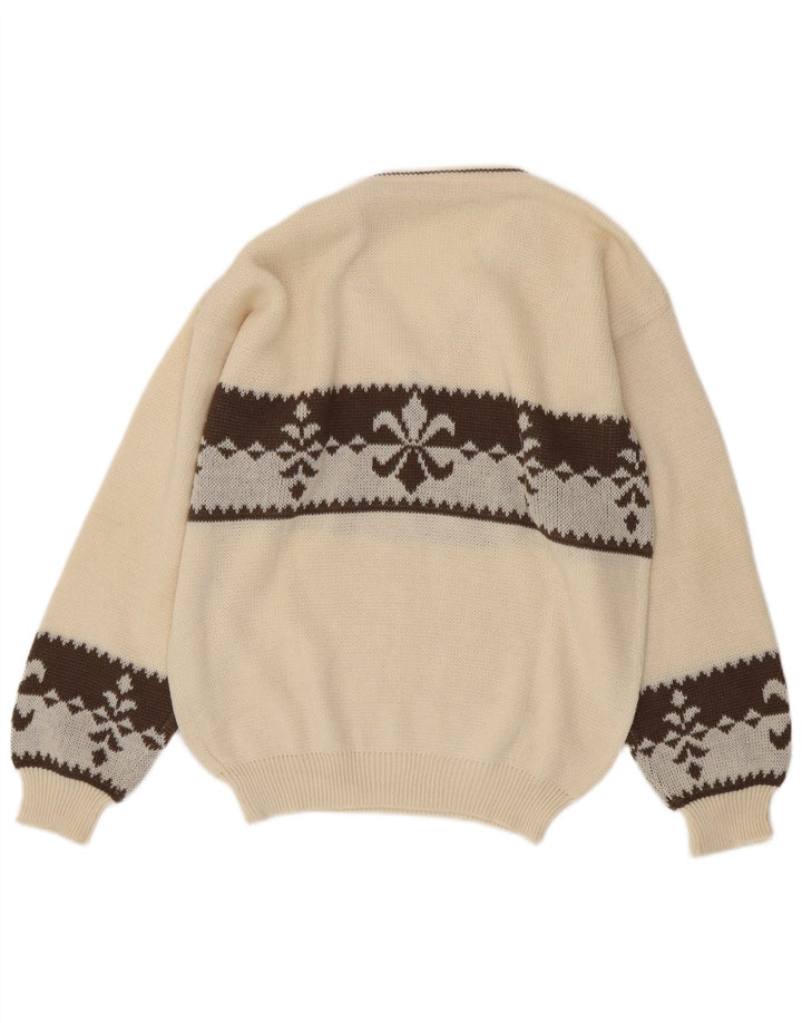 Suéter masculino vintage com decote em V grande lã branca Fair Isle
