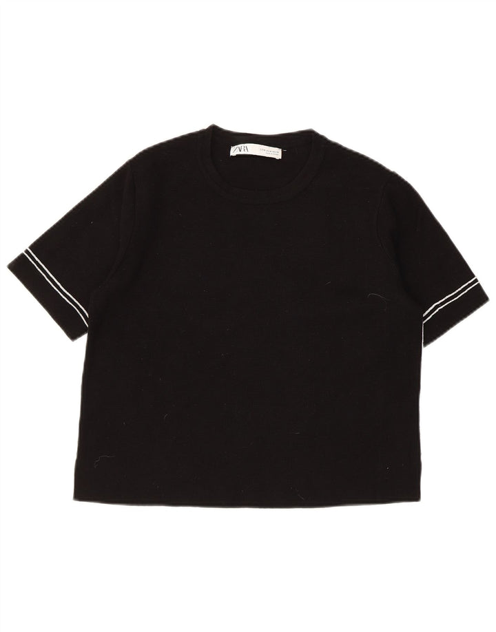 Suéter feminino ZARA de manga curta com gola redonda Reino Unido 12 médio preto