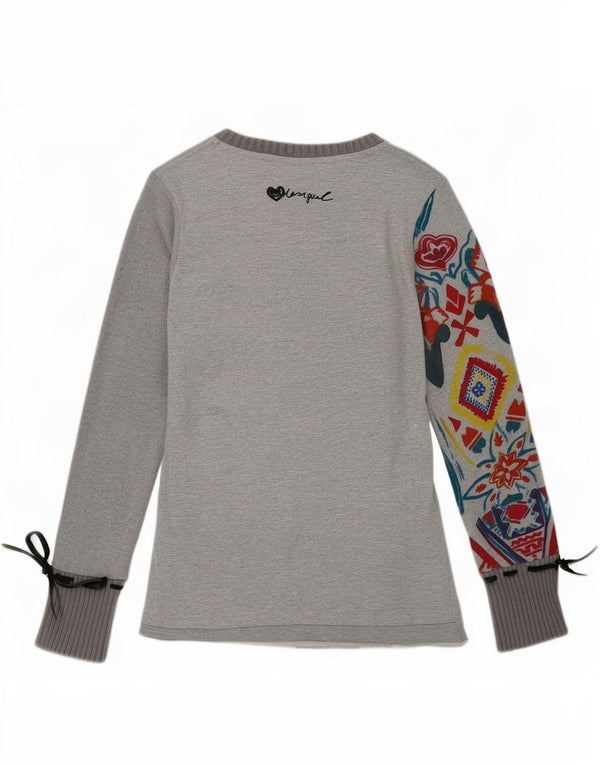 Top gráfico feminino Desigual manga comprida UK 12 algodão geométrico cinza médio
