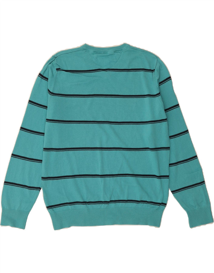 TOMMY HILFIGER Mens V-Neck Jumper Sweater Large Turquoise Striped Cotton Vintage Tommy Hilfiger and Second-Hand Tommy Hilfiger from Messina Hembry 
