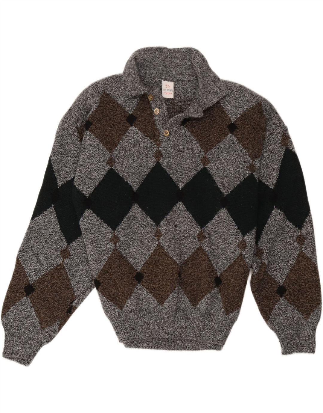 Suéter masculino vintage com gola polo grande cinza Argyle/Diamante