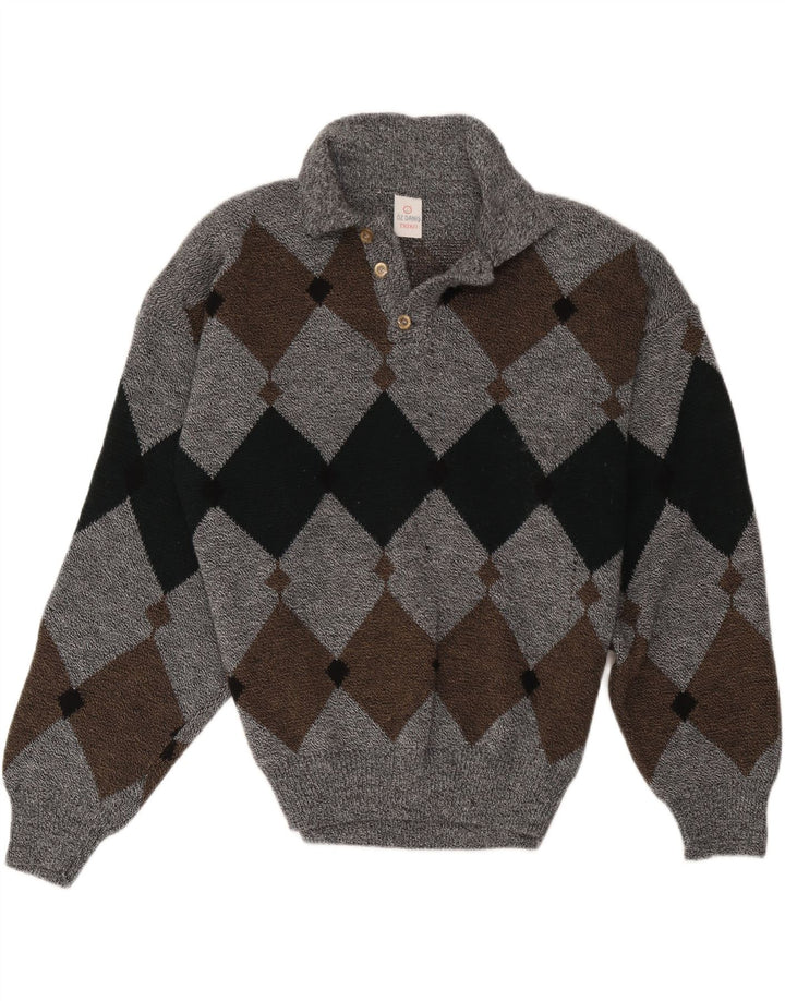Suéter masculino vintage com gola polo grande cinza Argyle/Diamante
