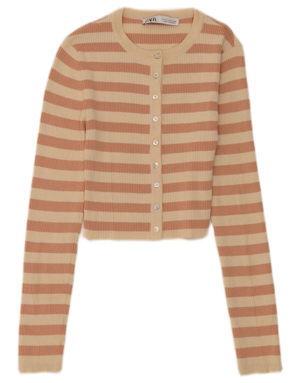Zara Womens Crop Cardigan Top UK 12 Médio Bege Listrado Nylon