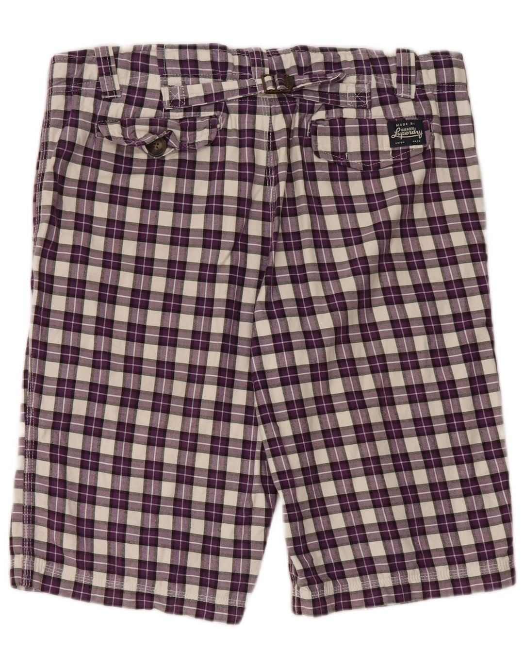 Shorts chino masculino SUPERDRY grande W36 algodão xadrez roxo